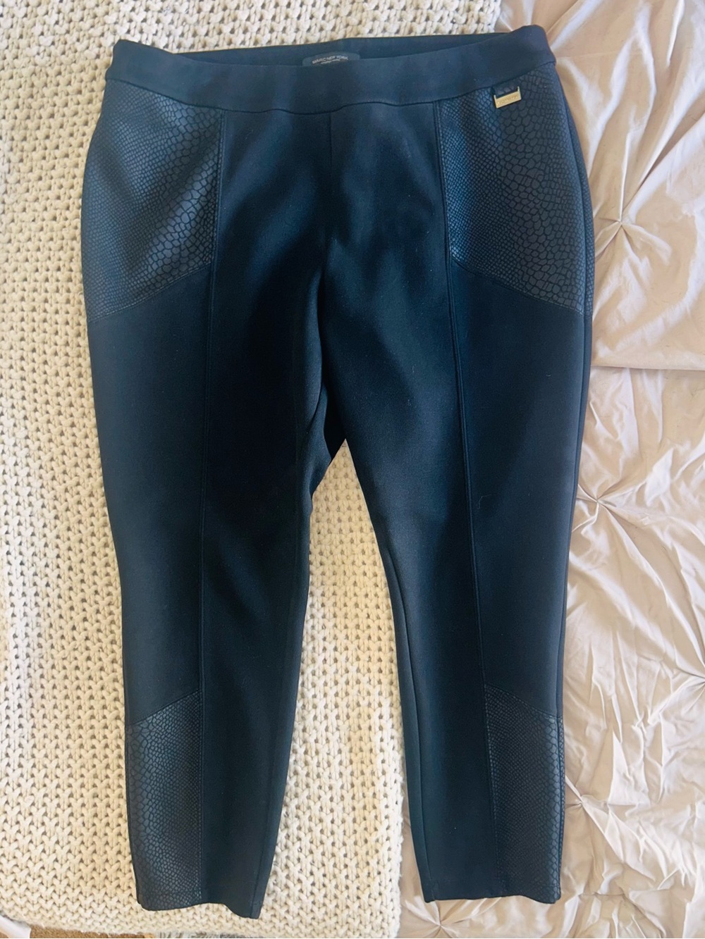 Marc New York Black Faux-Snakeskin Ponte Pants with Gold Logo Accent
